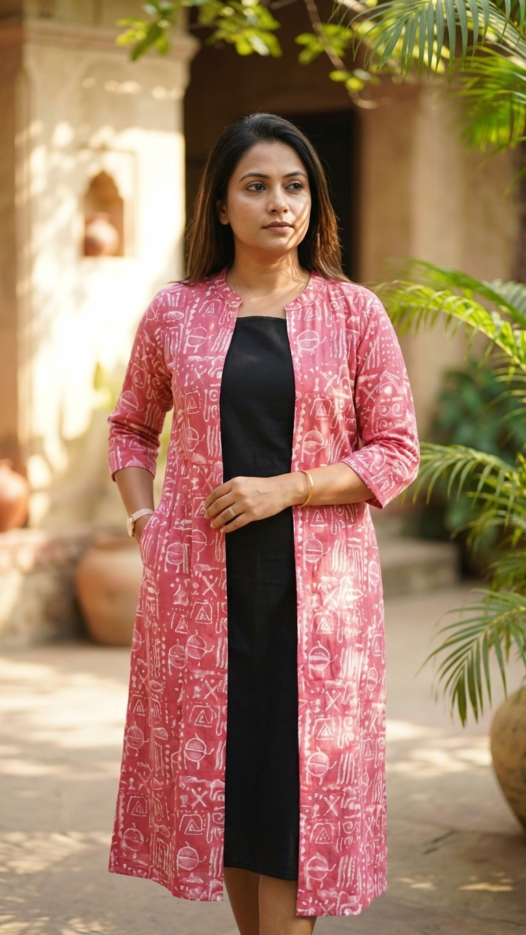 Black Cotton Sleeveless Dress With Pink Hand Block Shrug