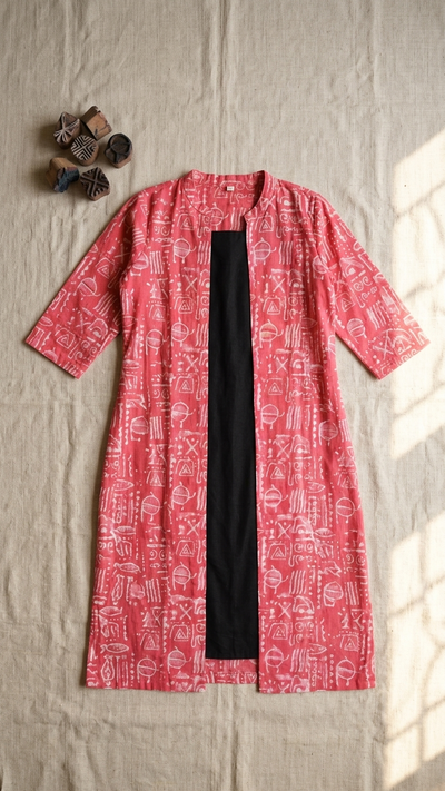 Black Cotton Sleeveless Dress With Pink Hand Block Shrug