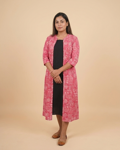 Black Cotton Sleeveless Dress With Pink Hand Block Shrug