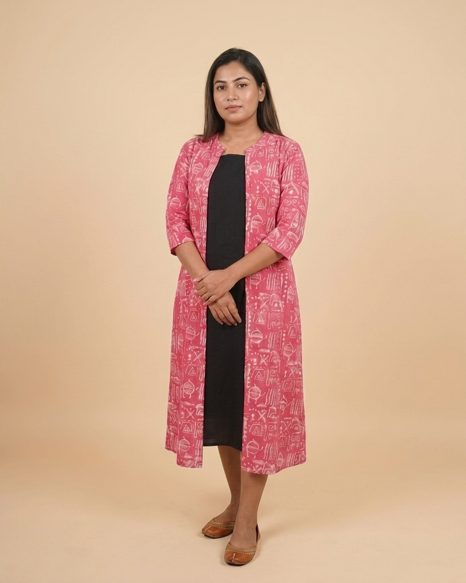 Black Cotton Sleeveless Dress With Pink Hand Block Shrug