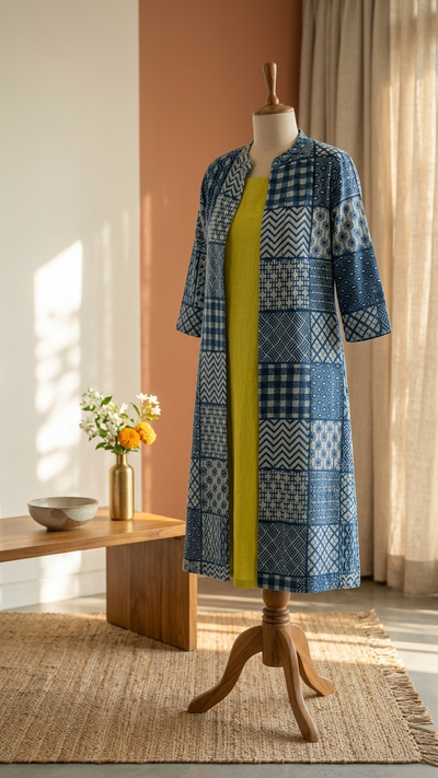 Light Green Cotton Sleeveless Dress With Indigo Hand Block Shrug