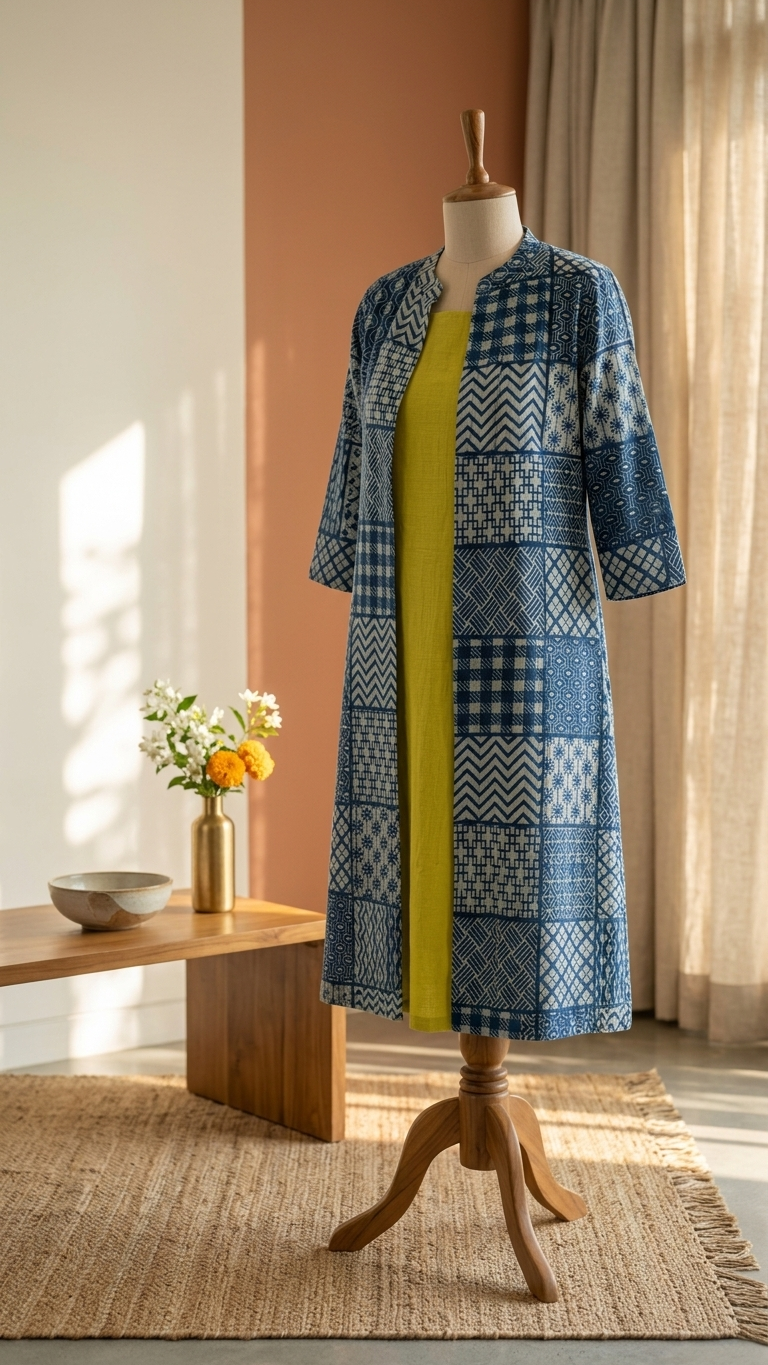 Light Green Cotton Sleeveless Dress With Indigo Hand Block Shrug