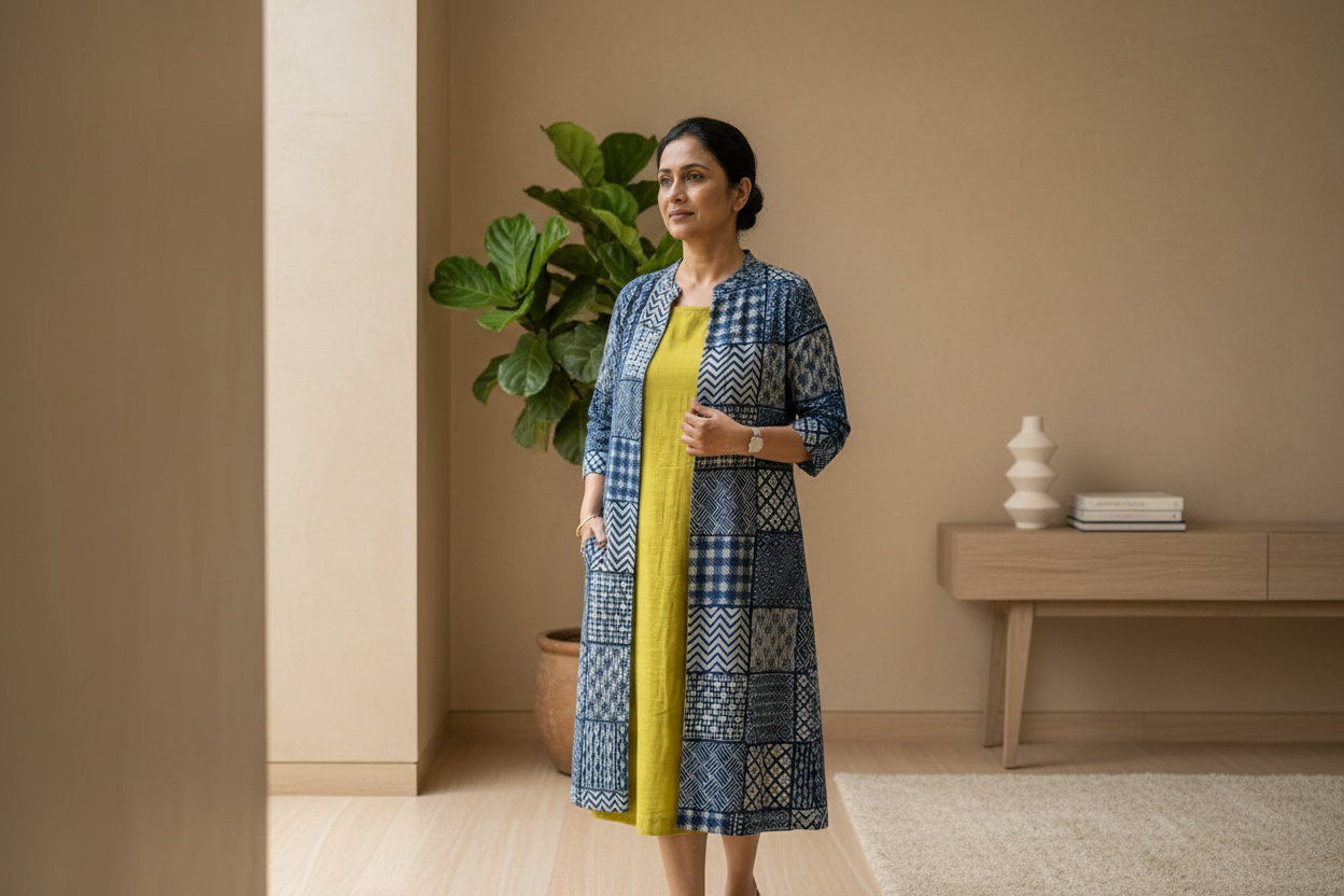 Light Green Cotton Sleeveless Dress With Indigo Hand Block Shrug