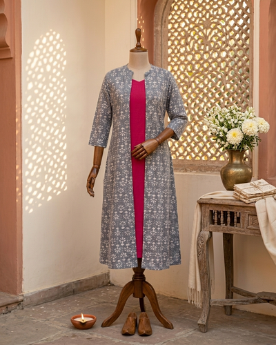 Magenta Cotton Sleeveless Dress With Grey Hand Block Shrug