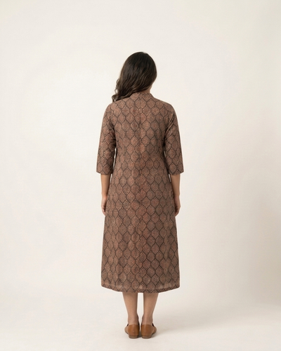 Red Cotton Sleeveless Dress With Ajrakh Shrug