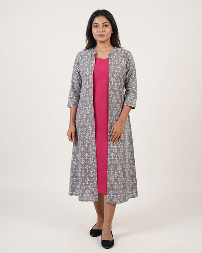 Magenta Cotton Sleeveless Dress With Grey Hand Block Shrug