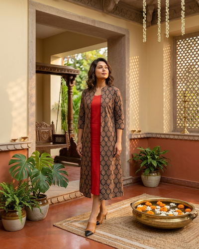 Red Cotton Sleeveless Dress With Ajrakh Shrug