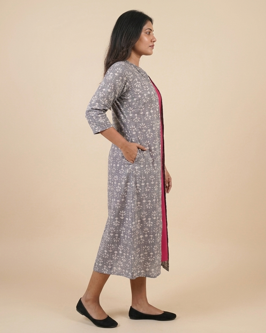 Magenta Cotton Sleeveless Dress With Grey Hand Block Shrug