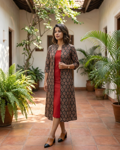 Red Cotton Sleeveless Dress With Ajrakh Shrug