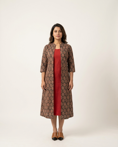 Red Cotton Sleeveless Dress With Ajrakh Shrug
