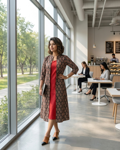 Red Cotton Sleeveless Dress With Ajrakh Shrug