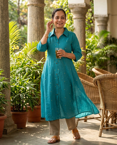 Blue Cotton A-Line Kurta With Collar