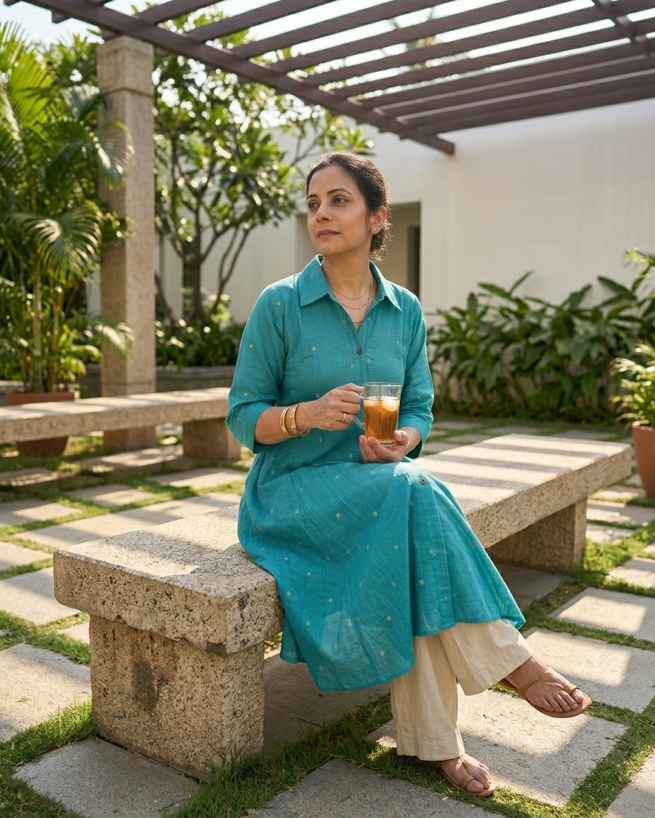 Blue Cotton A-Line Kurta With Collar