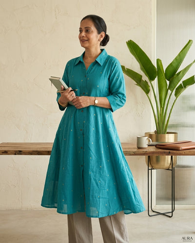 Blue Cotton A-Line Kurta With Collar