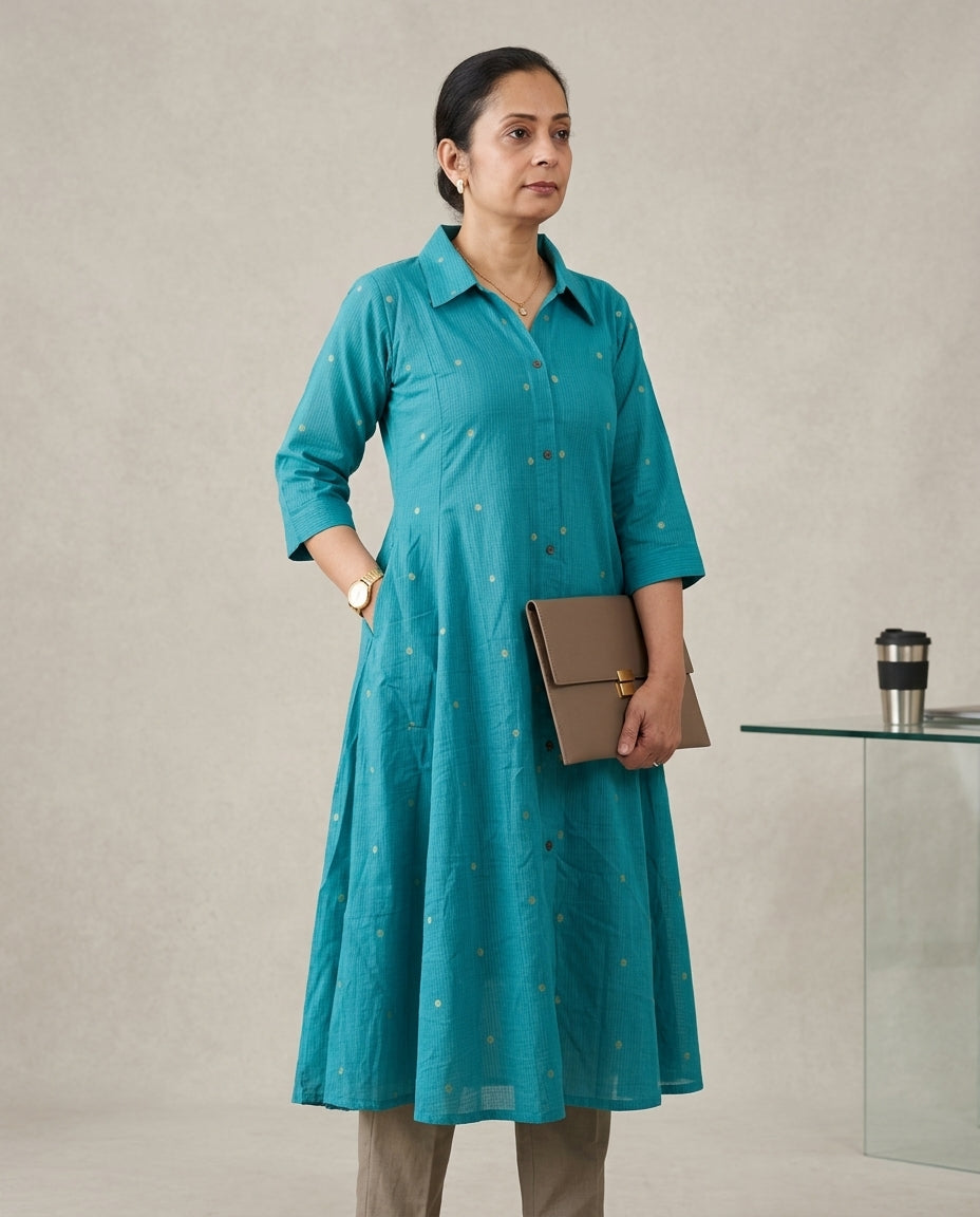 Blue Cotton A-Line Kurta With Collar