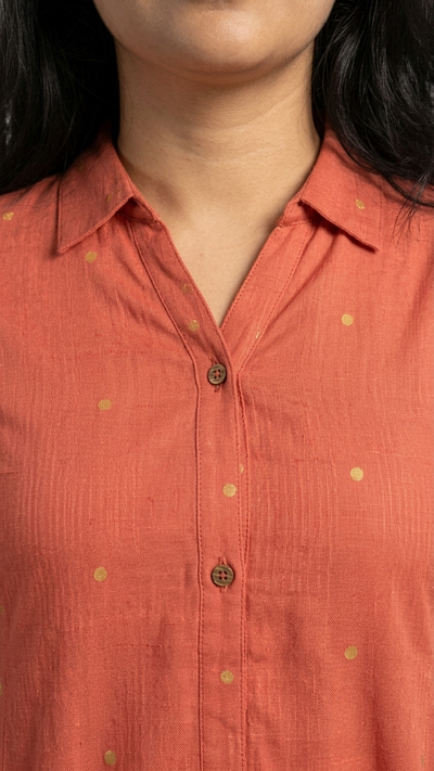 Peach Checked Cotton A-Line Kurta With Collar