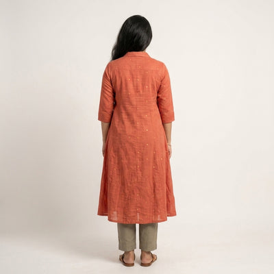 Peach Checked Cotton A-Line Kurta With Collar