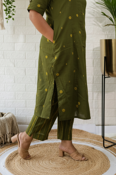 Olive Office Wear Cotton Kurta Pant Set With Mandarin Collar