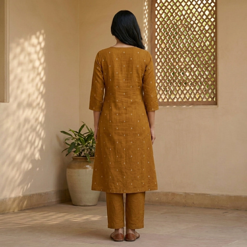 Pintucks Handloom Cotton A-Line Kurta Pant Set With Lining