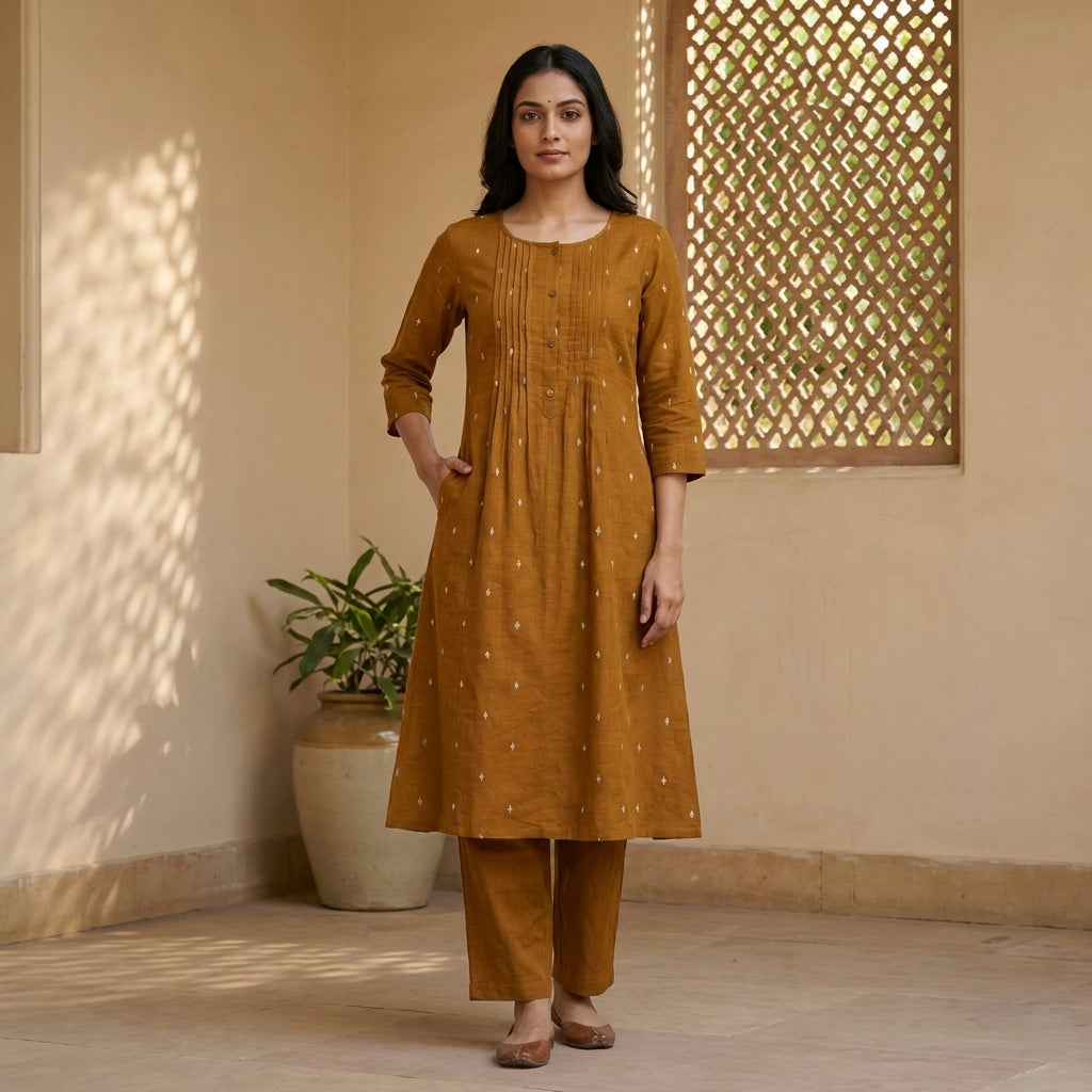 Pintucks Handloom Cotton A-Line Kurta Pant Set With Lining
