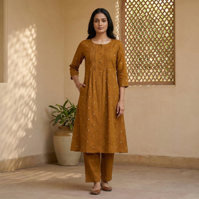 Pintucks Handloom Cotton A-Line Kurta Pant Set With Lining