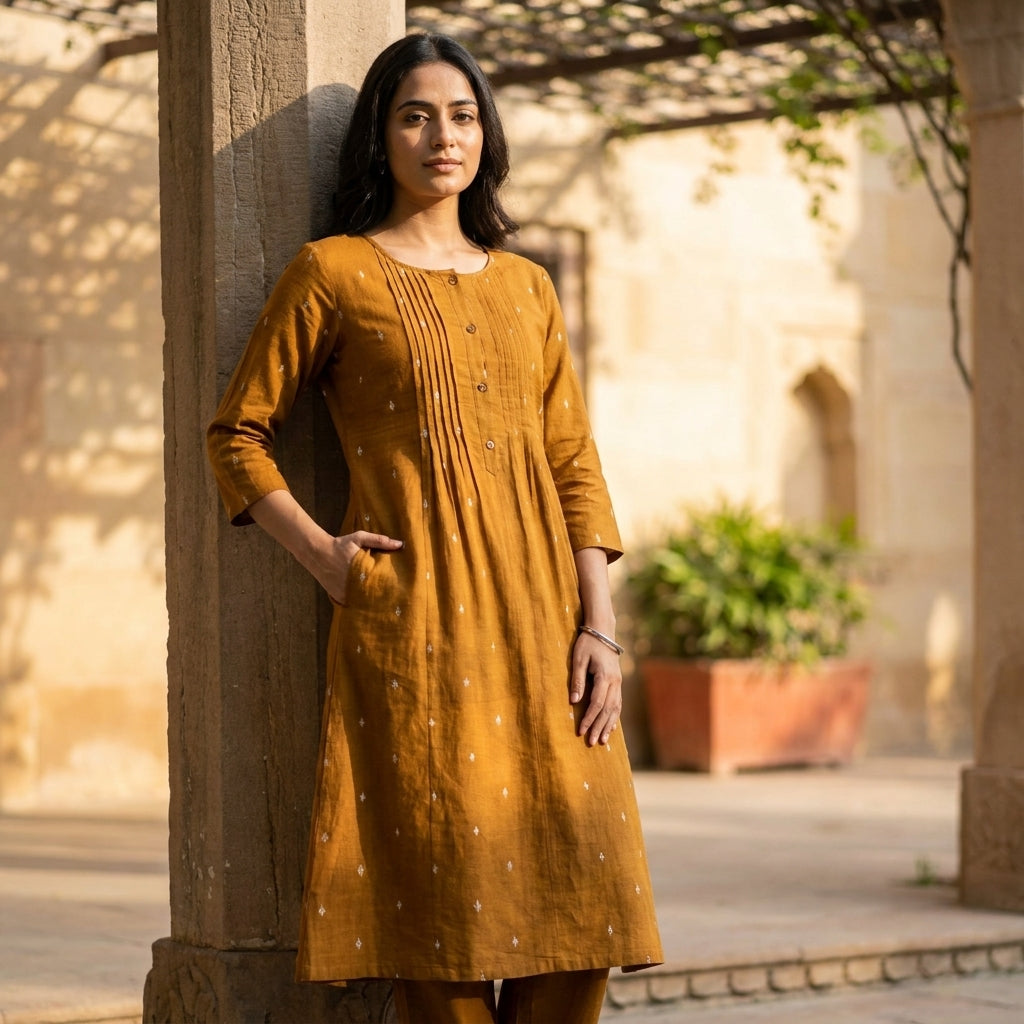 Pintucks Handloom Cotton A-Line Kurta Pant Set With Lining