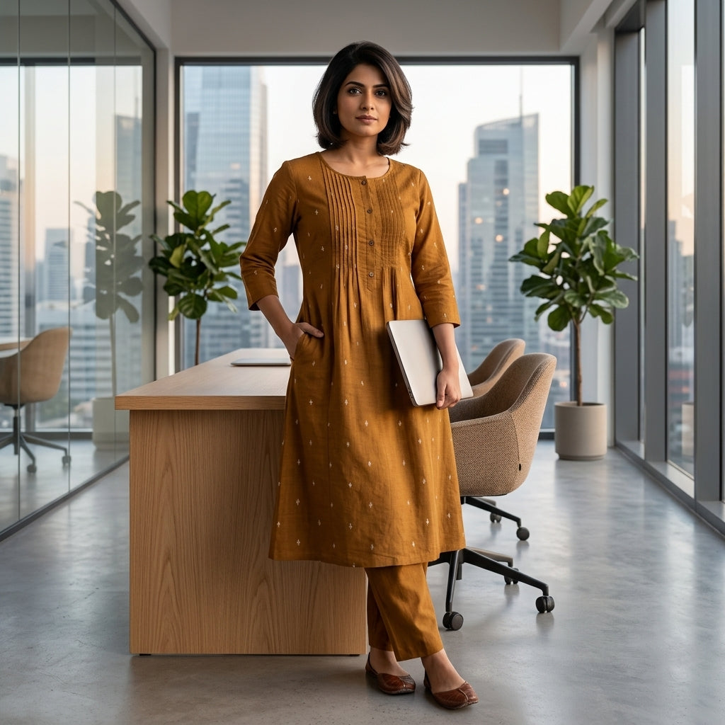 Pintucks Handloom Cotton A-Line Kurta Pant Set With Lining