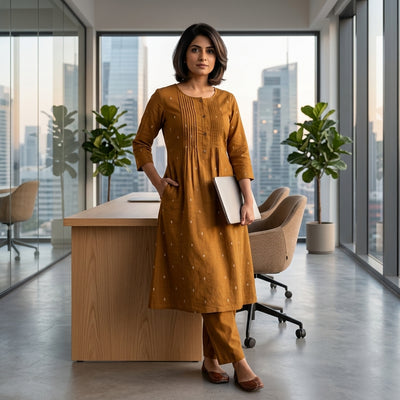 Pintucks Handloom Cotton A-Line Kurta Pant Set With Lining