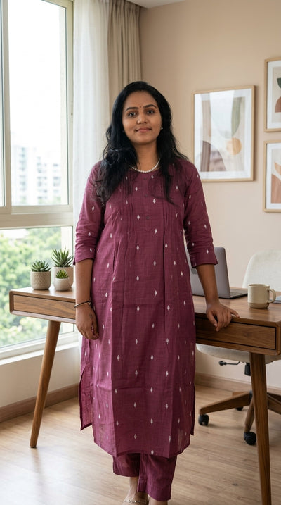 Pintucks Cotton A-Line Kurta Pant Set With Lining