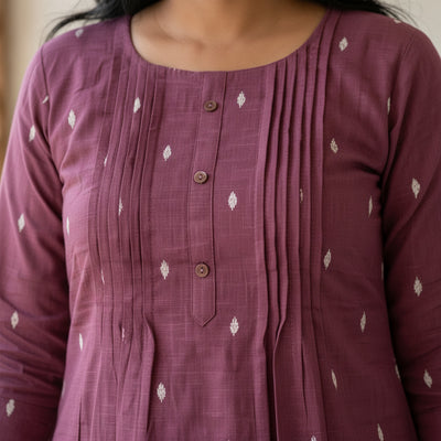 Pintucks Cotton A-Line Kurta Pant Set With Lining