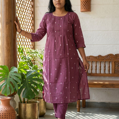 Pintucks Cotton A-Line Kurta Pant Set With Lining