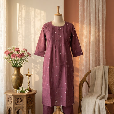 Pintucks Cotton A-Line Kurta Pant Set With Lining