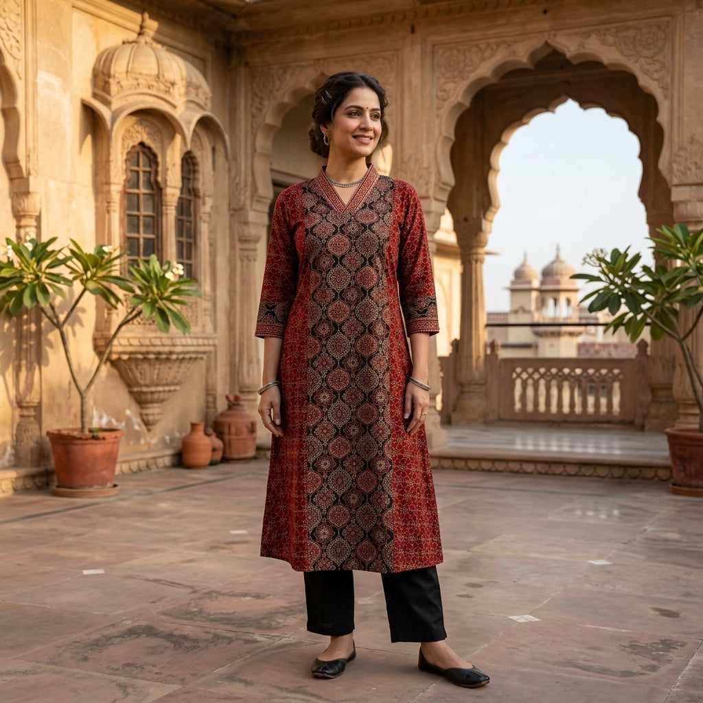 Ajrakh A-Line Panel Cotton Kurta With V-Neck -Maroon