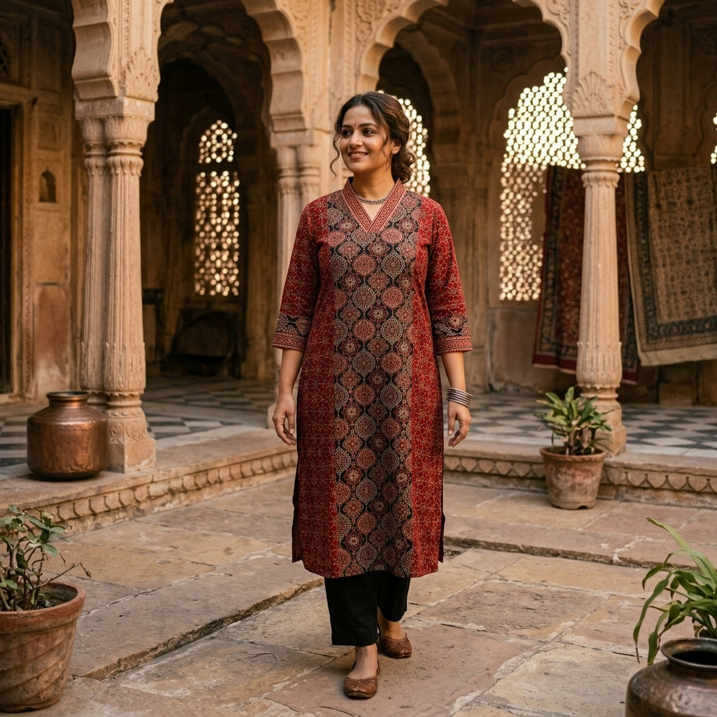 Ajrakh A-Line Panel Cotton Kurta With V-Neck -Maroon