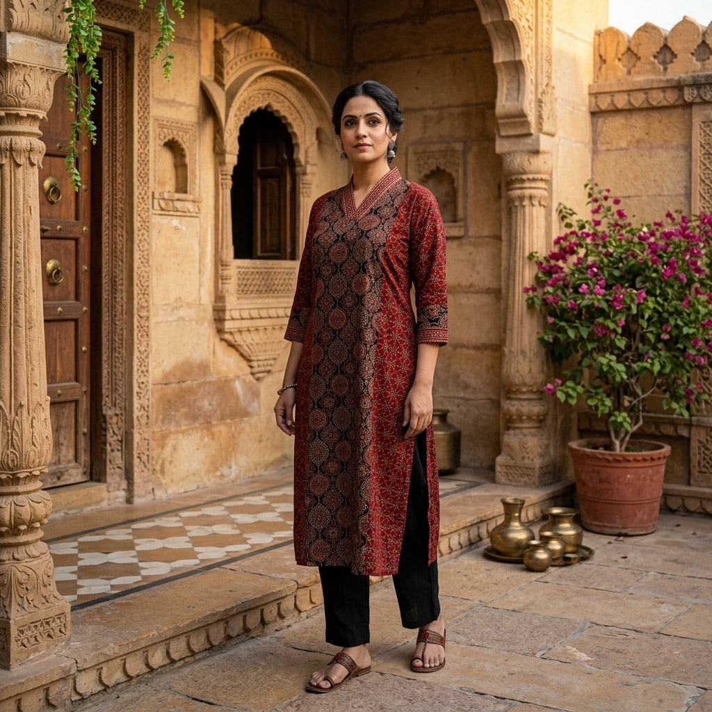 Ajrakh A-Line Panel Cotton Kurta With V-Neck -Maroon