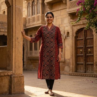 Ajrakh A-Line Panel Cotton Kurta With V-Neck -Maroon