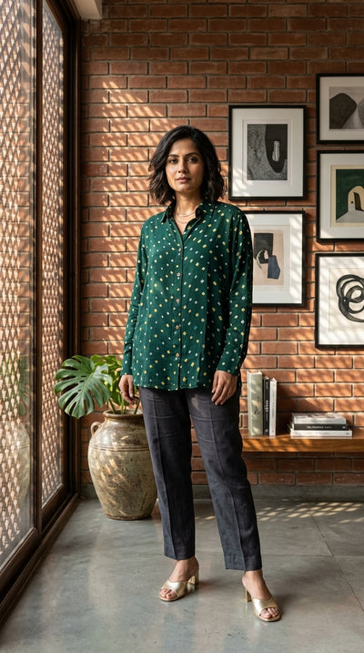 Bandhini Modal Silk Shirt-Green