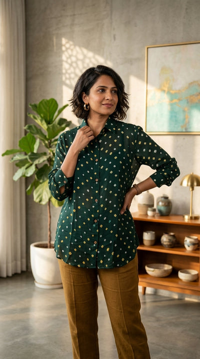 Bandhini Modal Silk Shirt-Green