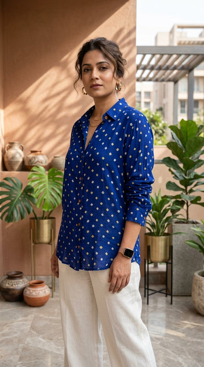 Bandhini Modal Silk Shirt-Blue