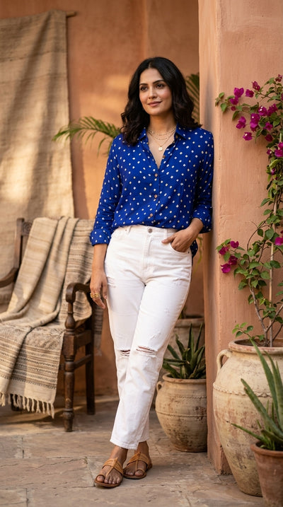 Bandhini Modal Silk Shirt-Blue
