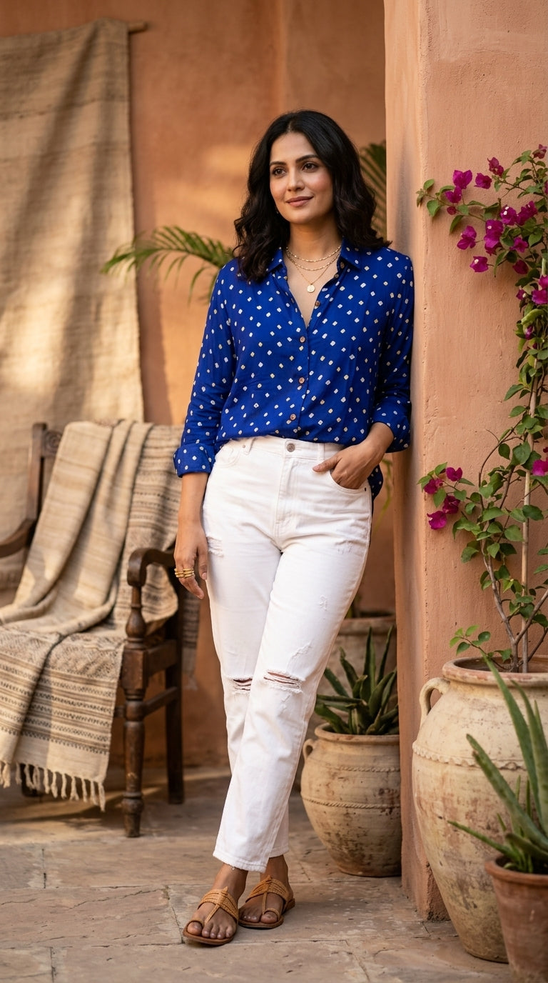 Bandhini Modal Silk Shirt-Blue