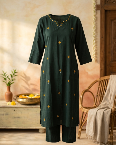 Solid Cotton Office Wear Kurta Pant Set With Hand Mirror Work And Embroidery-Dark Green