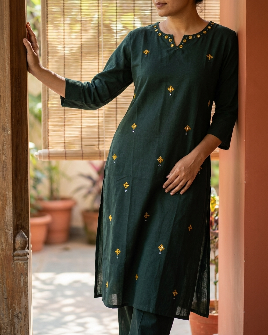 Solid Cotton Office Wear Kurta Pant Set With Hand Mirror Work And Embroidery-Dark Green