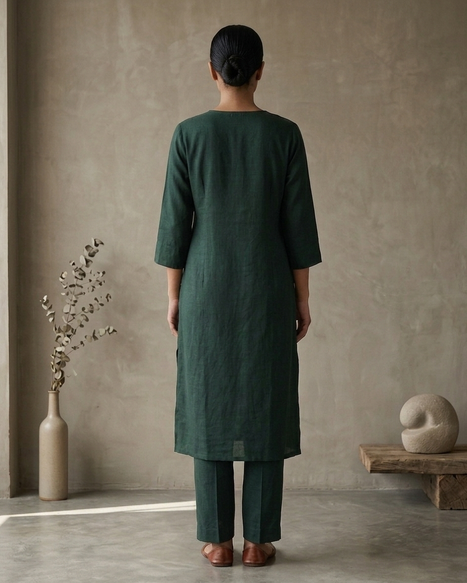 Solid Cotton Office Wear Kurta Pant Set With Hand Mirror Work And Embroidery-Dark Green