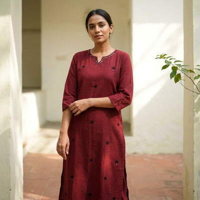 Solid Cotton Office Wear Kurta Pant Set With Hand Mirror Work And Embroidery-Maroon