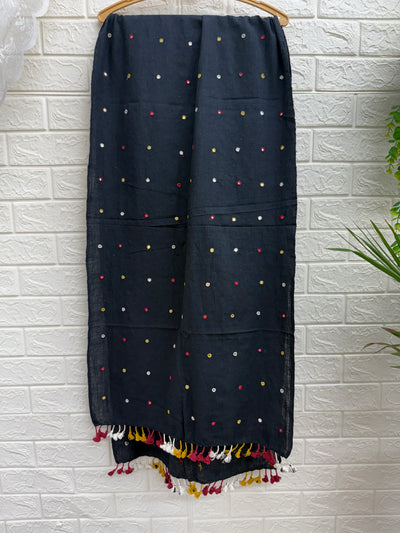 Indo-western Kala Cotton Handloom Stole With Real Mirror Work And Tassels-Black