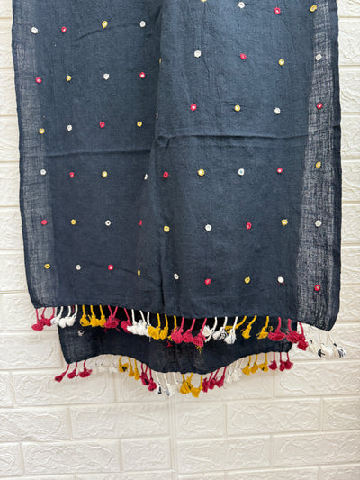 Indo-western Kala Cotton Handloom Stole With Real Mirror Work And Tassels-Black