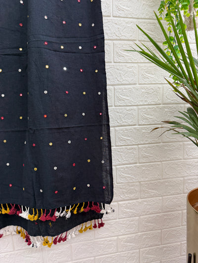 Indo-western Kala Cotton Handloom Stole With Real Mirror Work And Tassels-Black
