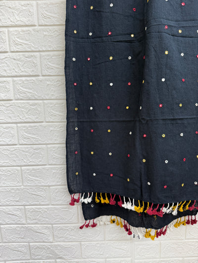 Indo-western Kala Cotton Handloom Stole With Real Mirror Work And Tassels-Black
