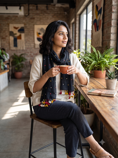 A modern woman wearing a black handloom kala cotton stole